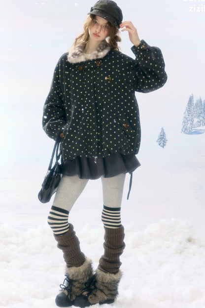Short Polka Dot Plush Collar Cotton Jacket