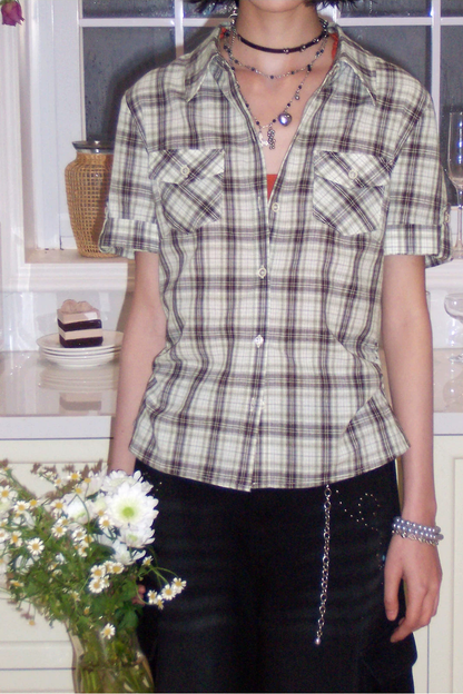 Color-Block Pocket Plaid Blouse
