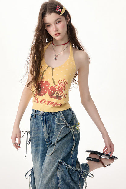 Yellow Cherry Print Knit Halter Top
