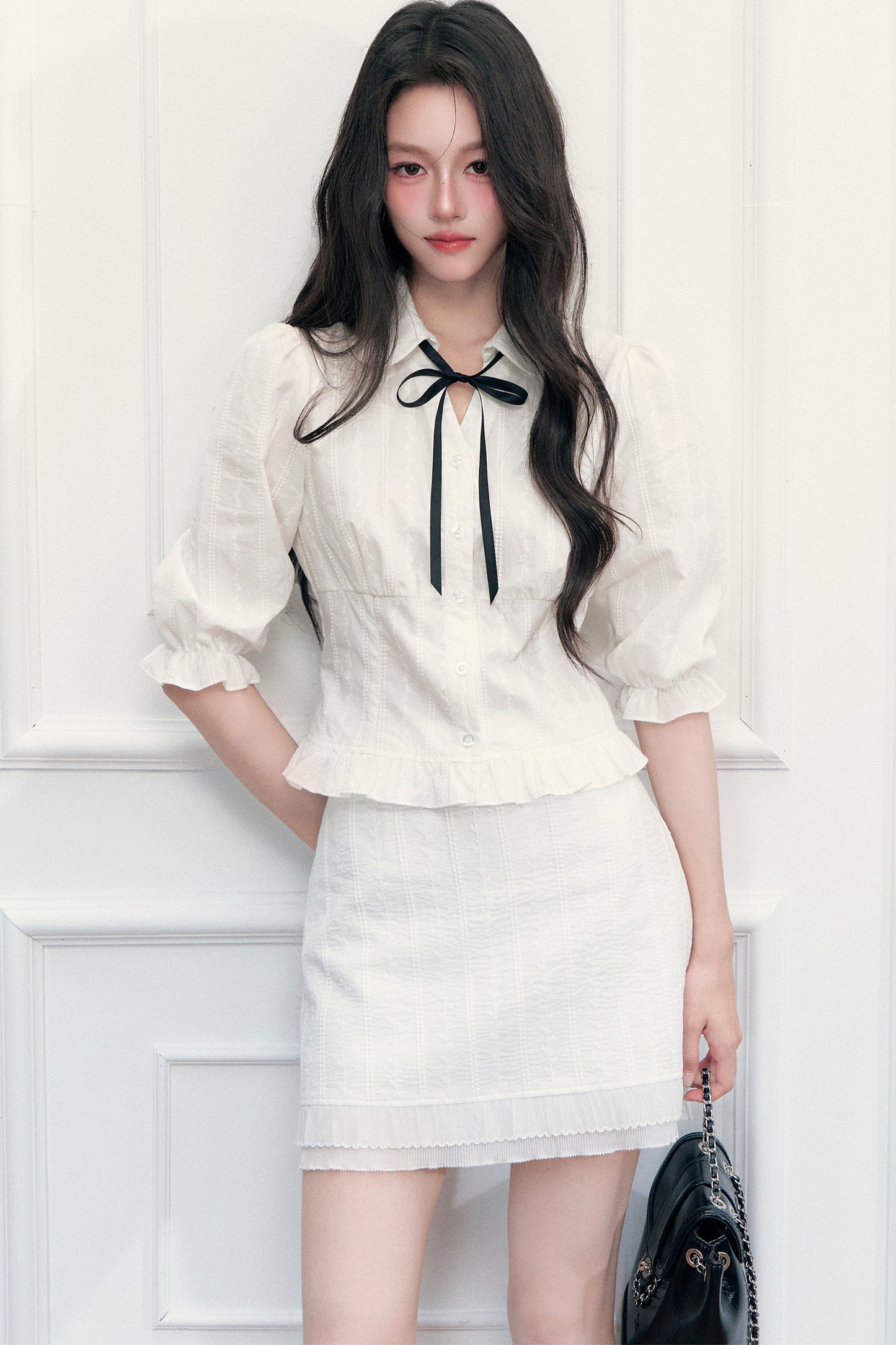 Doll Collar Preppy Blouse and Skirt Set-Up