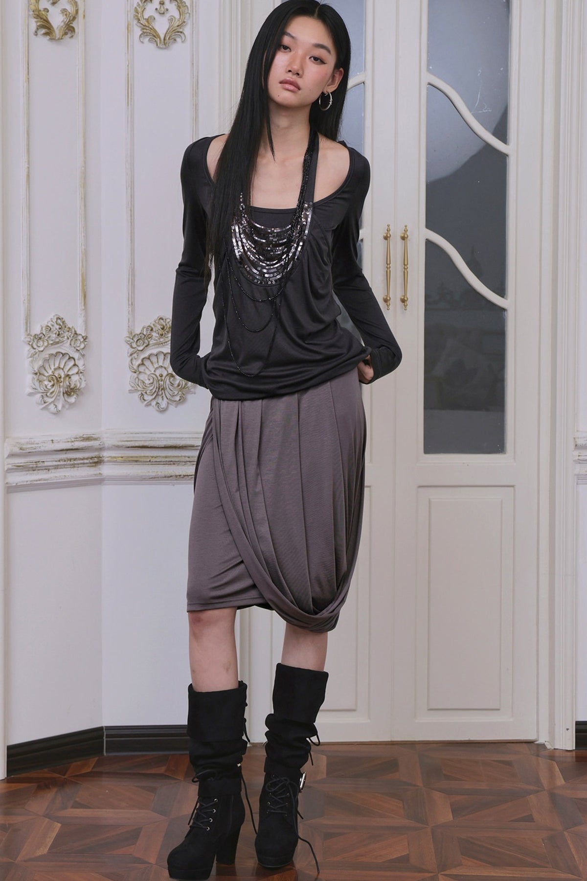 Rhinestone Waistband Asymmetrical Pleated Skirt