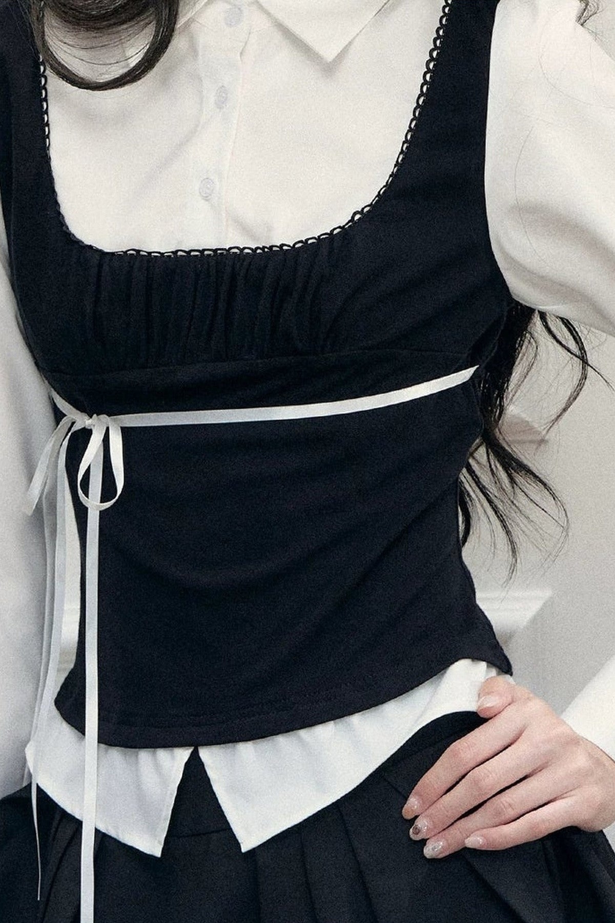 Lace Tie-Up Shirt Skirt Set-Up