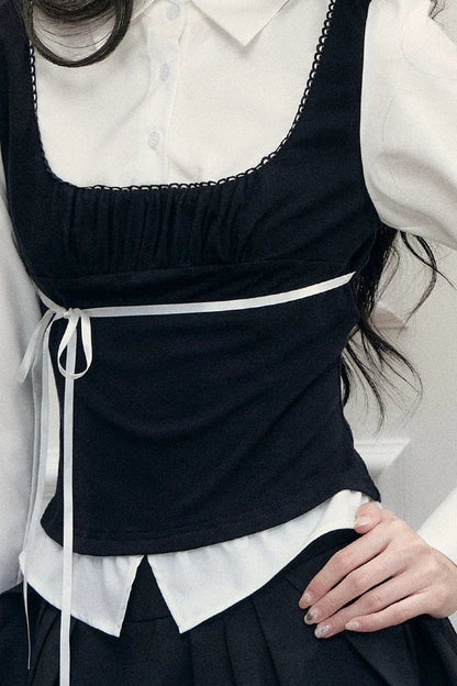 Lace Tie-Up Shirt Skirt Set-Up