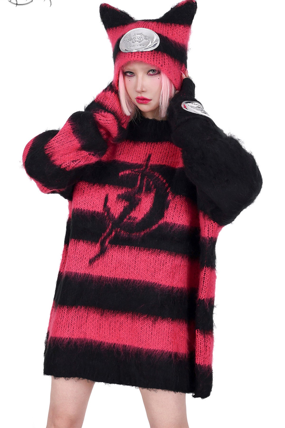 Loose Black Pink Stripe Knit Tops
