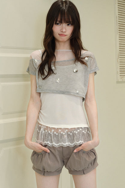 Completo con copricostume in rete a fiori con paillettes e canotta