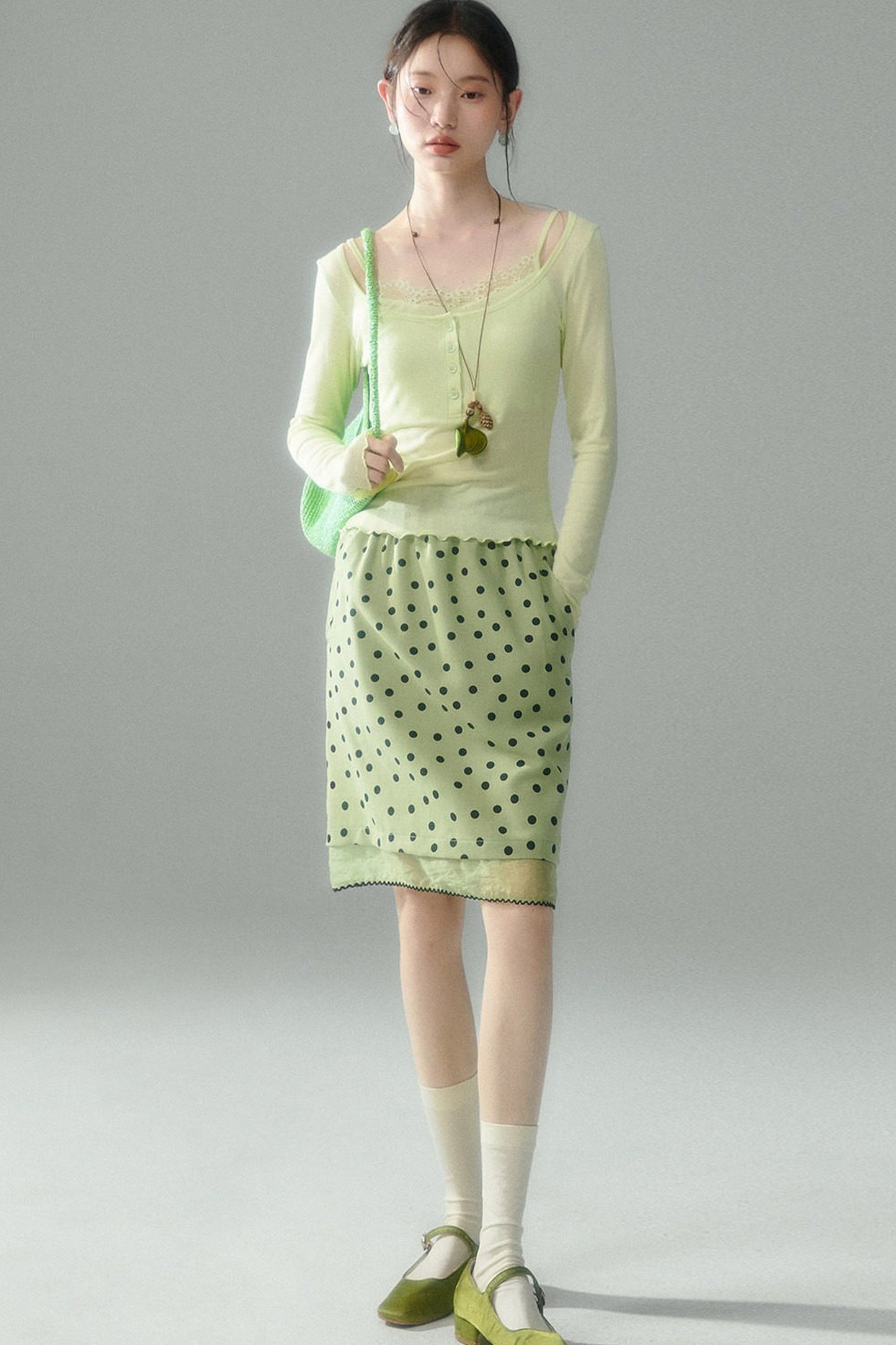Green Polka Dot Mesh Skirt