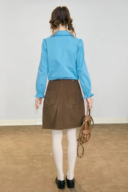Brown Frayed Corduroy Mid-Length Skirt