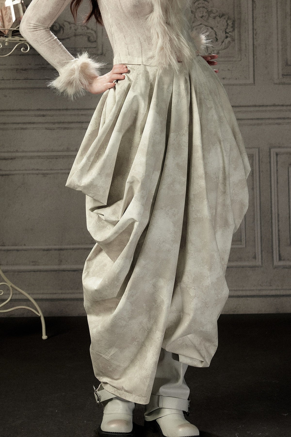 Beige Asymmetrical Stacked Long Pants