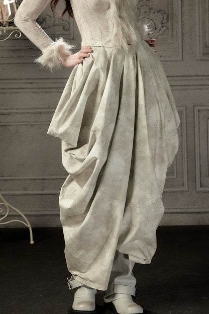 Beige Asymmetrical Stacked Long Pants