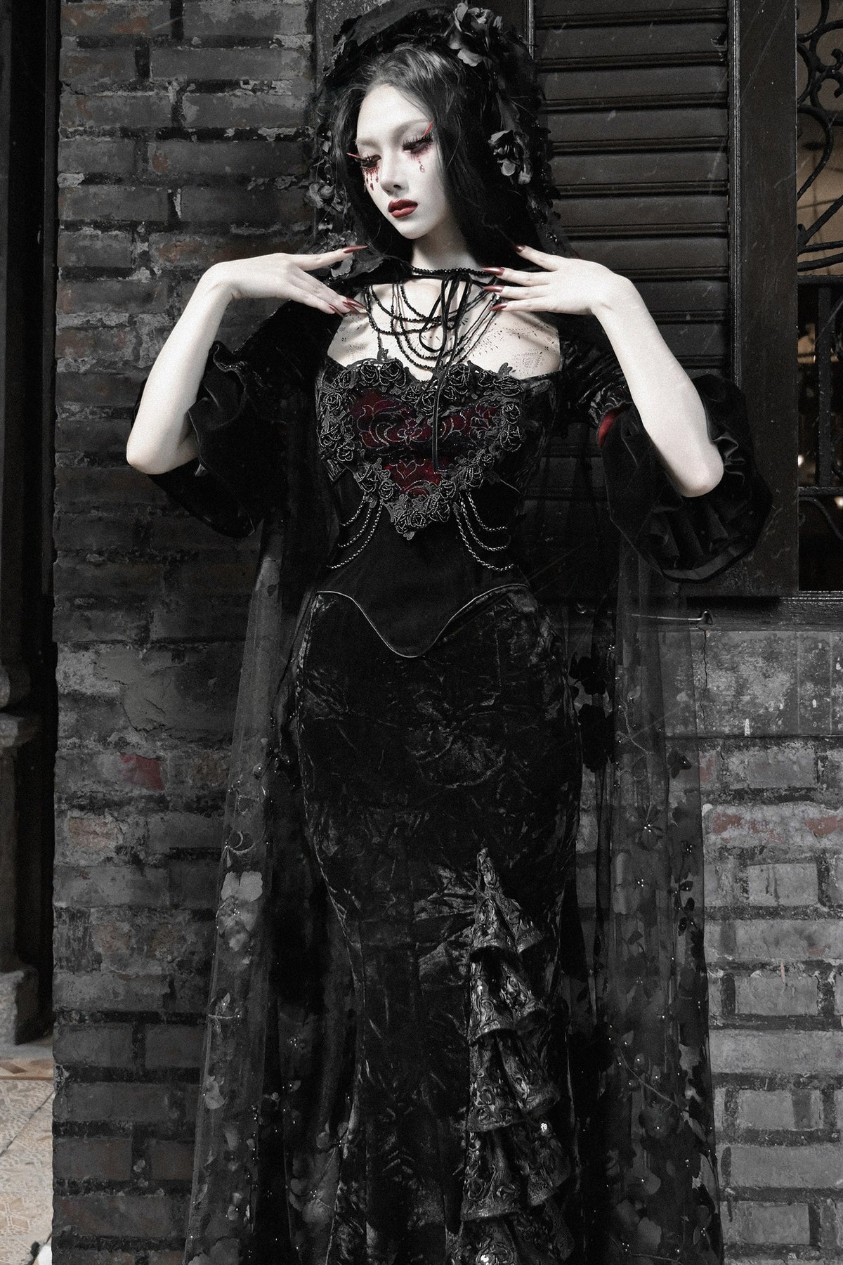 Burgundy Velvet Strapless Fishtail Dress Set-Up