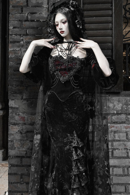 Burgundy Velvet Strapless Fishtail Dress Set-Up