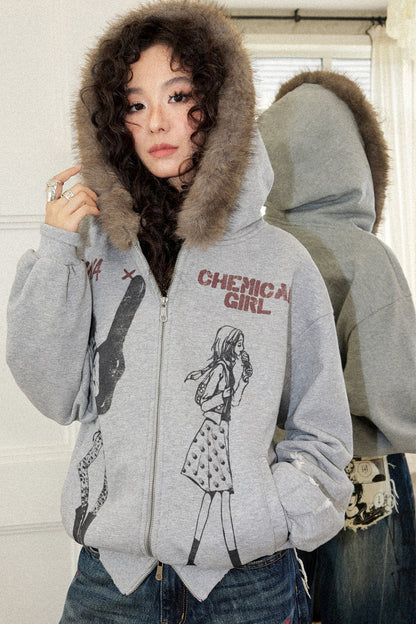 Distressed Fur Collar Hooded Cardigan