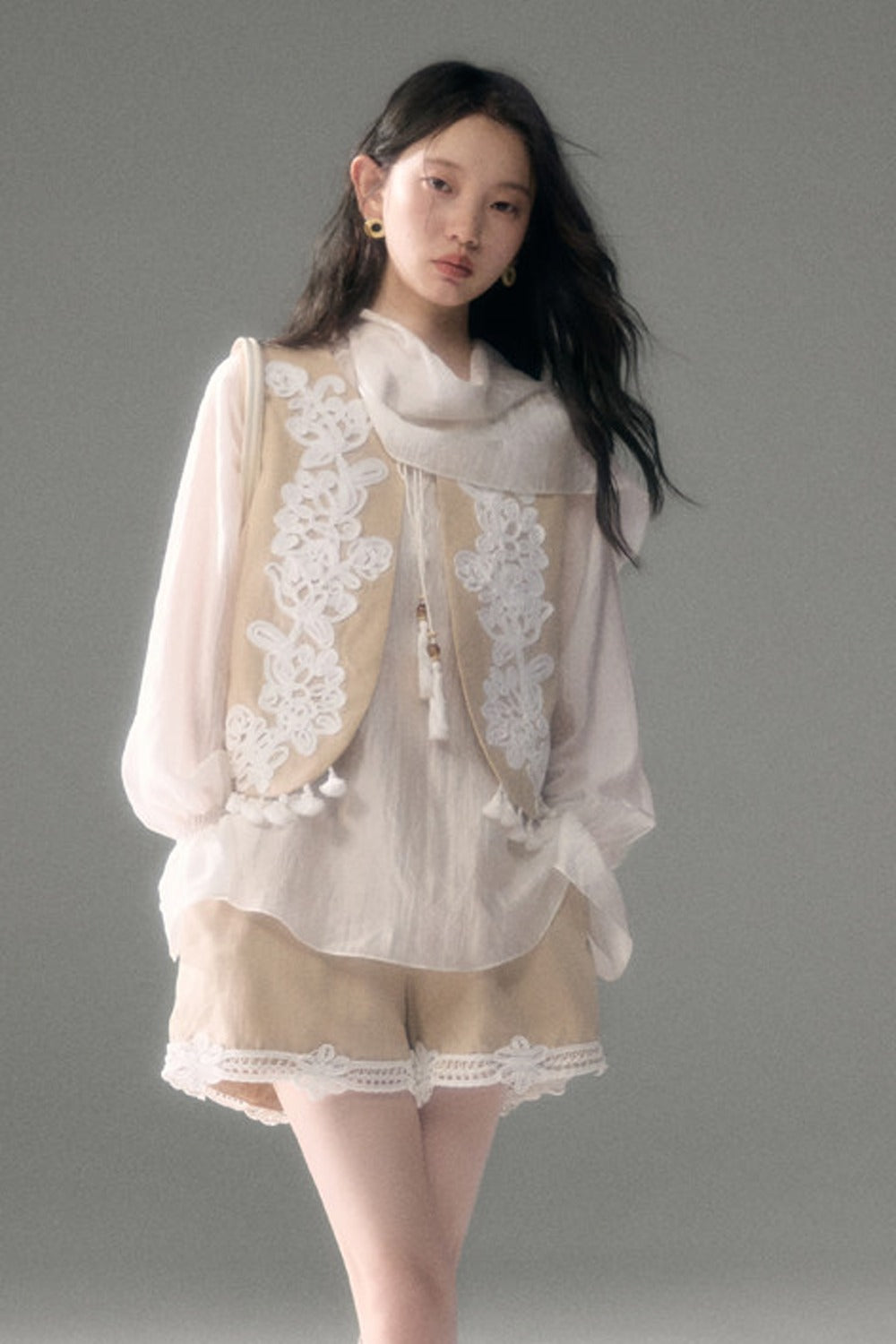 Three-Dimensional Rope Embroidery Floral Tencel Vest and Shorts Set-Up