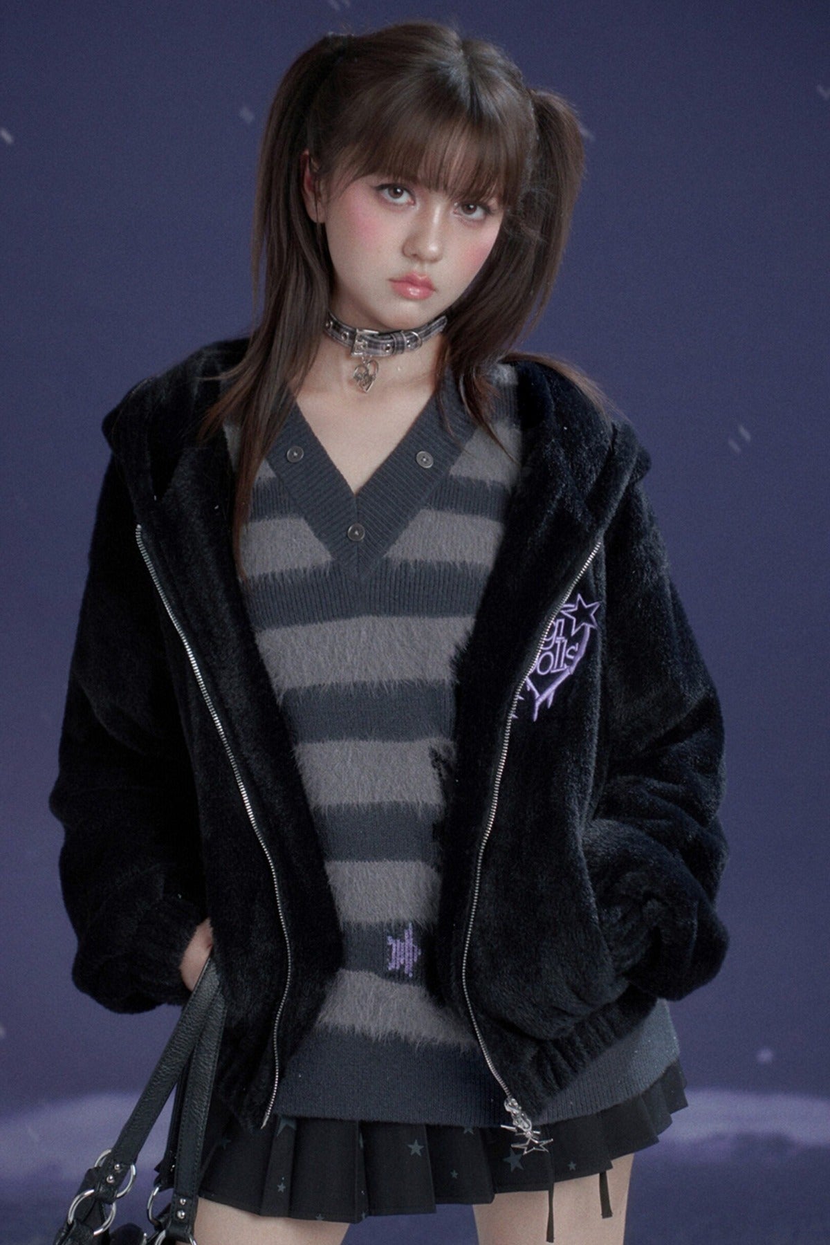 Halloween Meow Black Gray Striped Sweater Set-Up