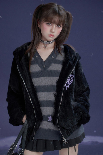 Halloween Meow Black Gray Striped Sweater Set-Up