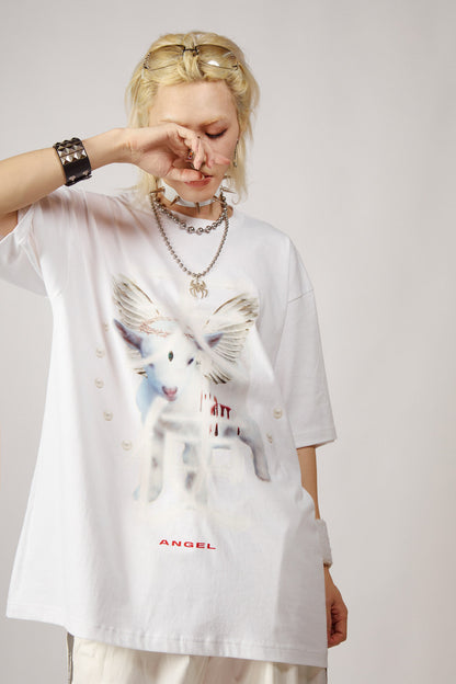 White Angel Print Cotton T-Shirt