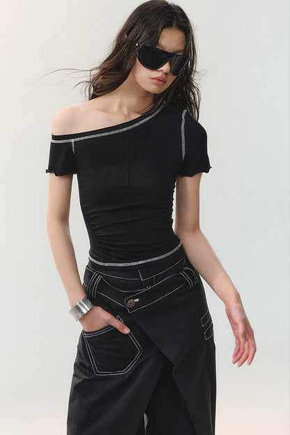Asymmetrical Shoulder Short-Sleeve Top