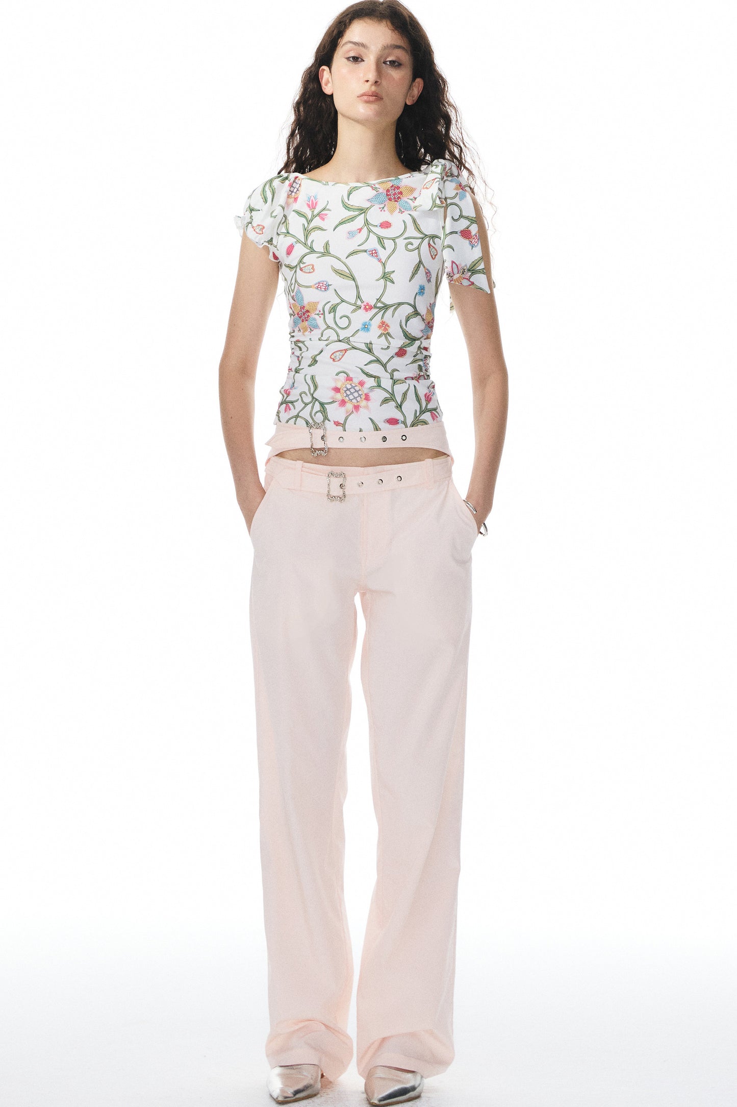 Pink Double Waistband Low-Waist Pants