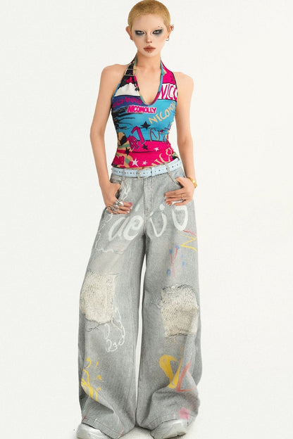 Graffiti Halter Backless Top