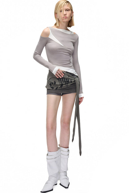 Layered-Look Patchwork Hollow Long-Sleeve T-shirt