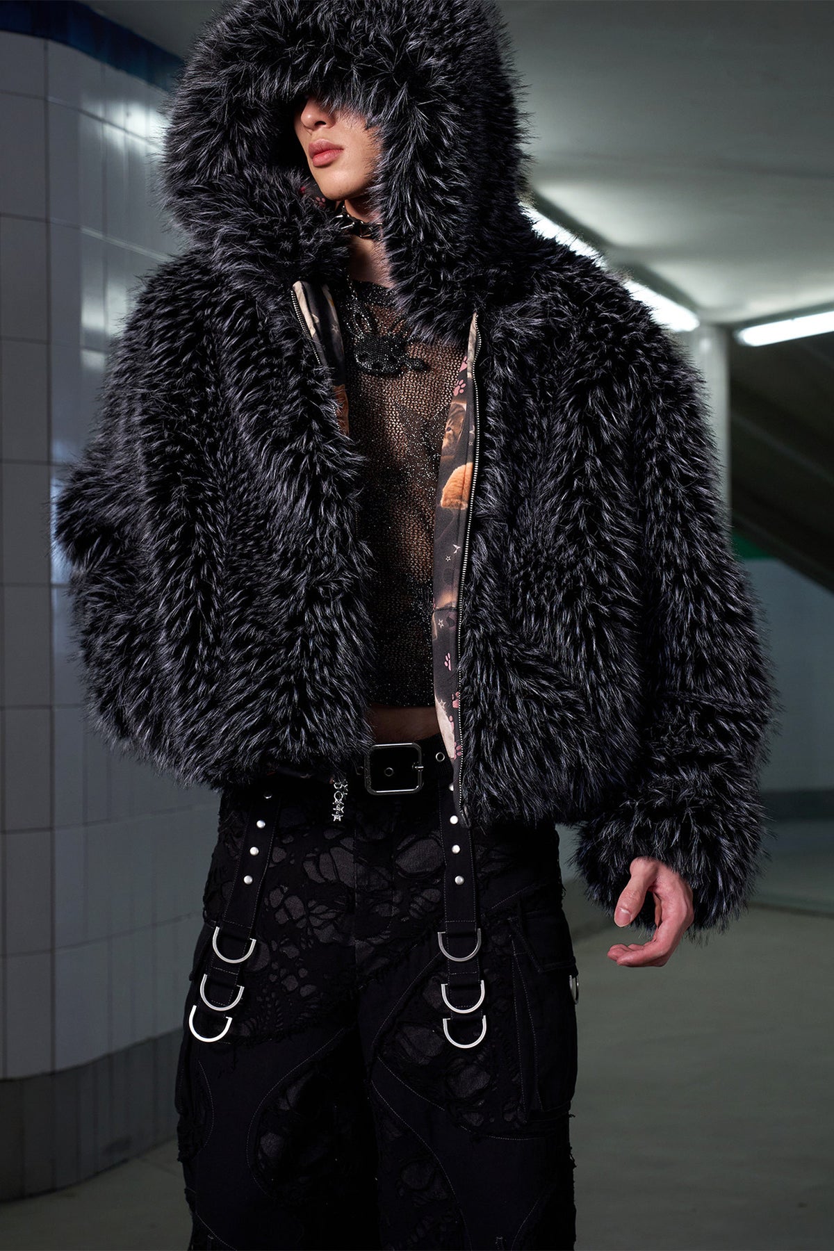 Cat Print Reversible Fur Coat