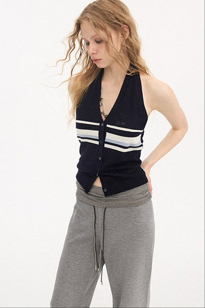 V-Neck Button Halter Vest