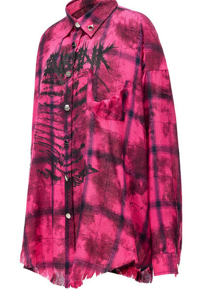 Distressed Pink Plaid Blouse