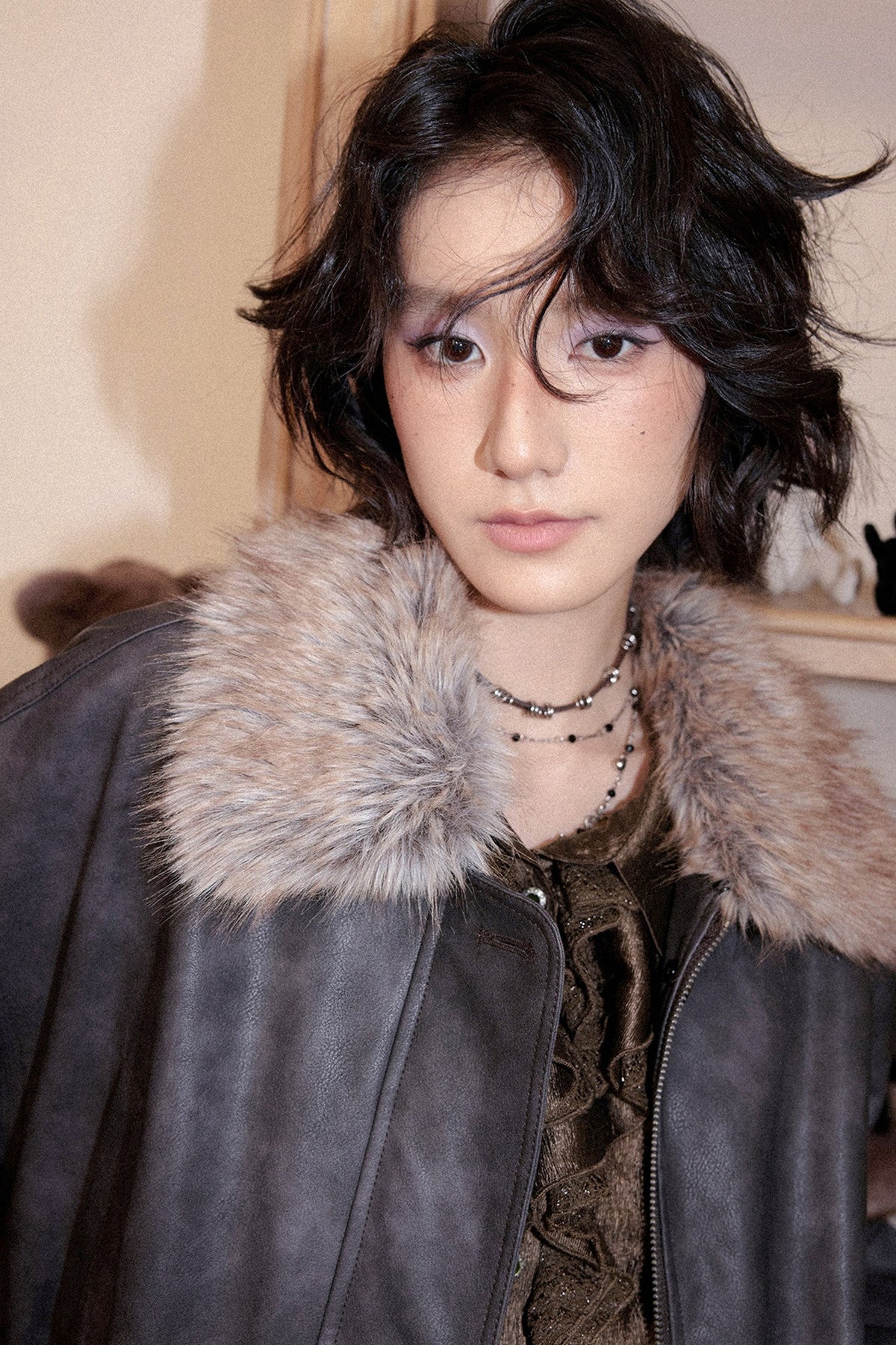 Fleece-Lined Detachable Fur Collar Leather Jacket
