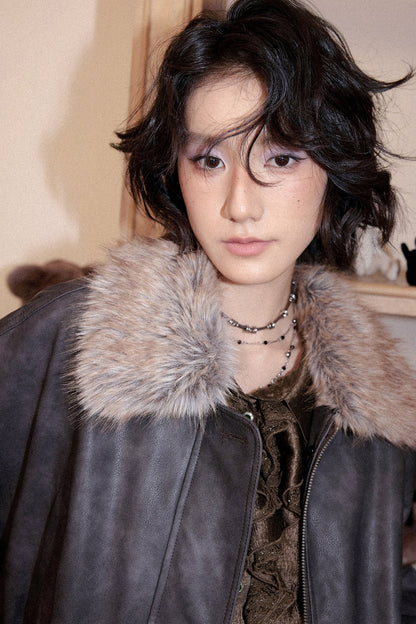 Fleece-Lined Detachable Fur Collar Leather Jacket