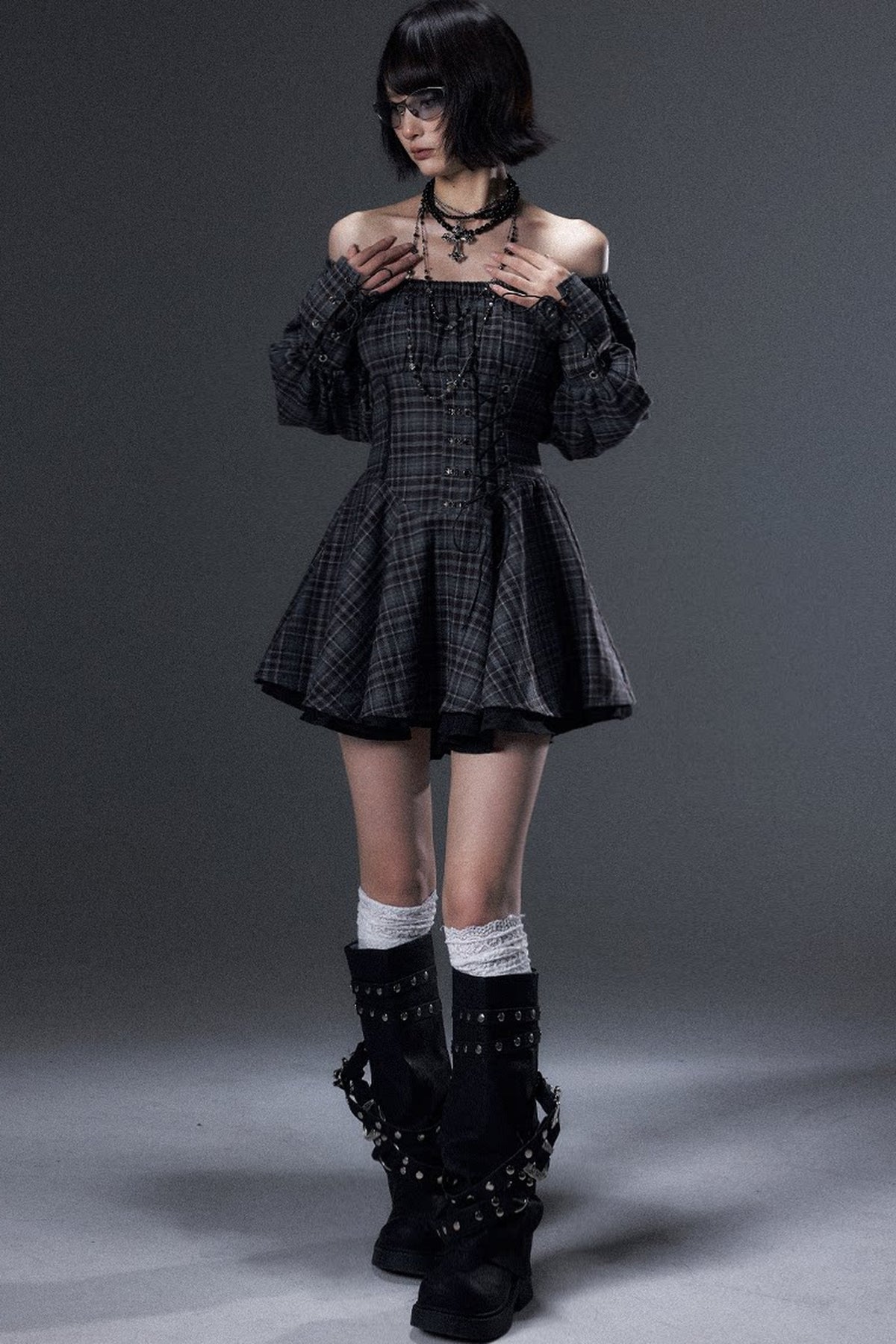 Plaid Off-Shoulder Tie A-Line Dress
