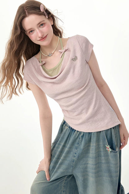 Pink Drape Neck Layered Short Sleeve Top