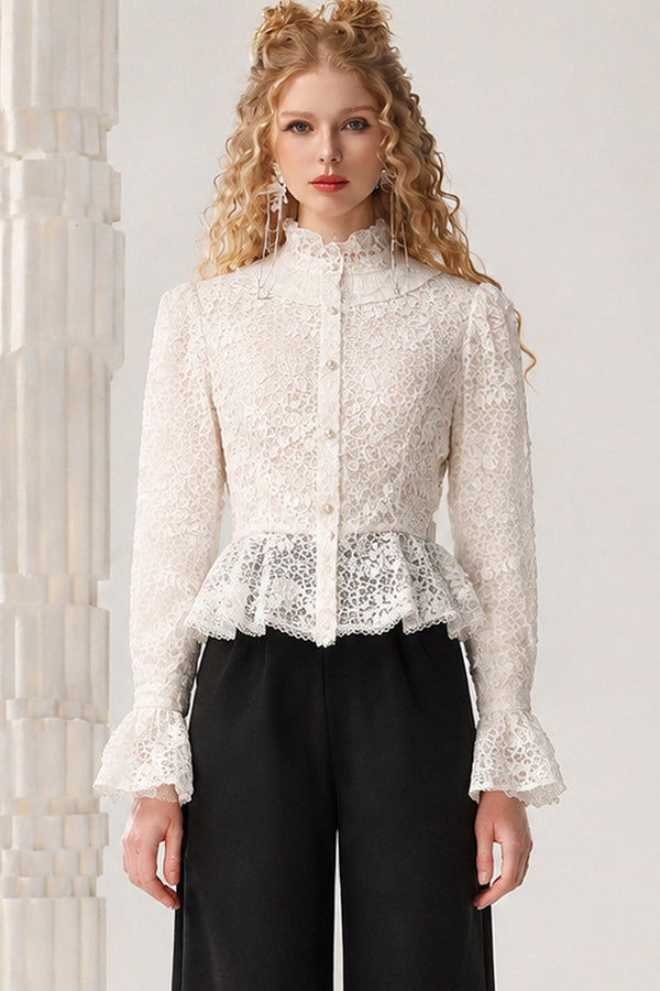 Ruffled Stand Collar Lace Blouse