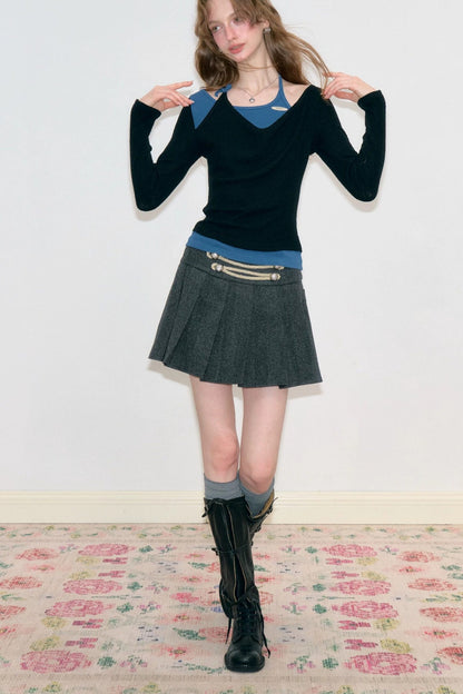Blue Black Spliced Halter Knit Top