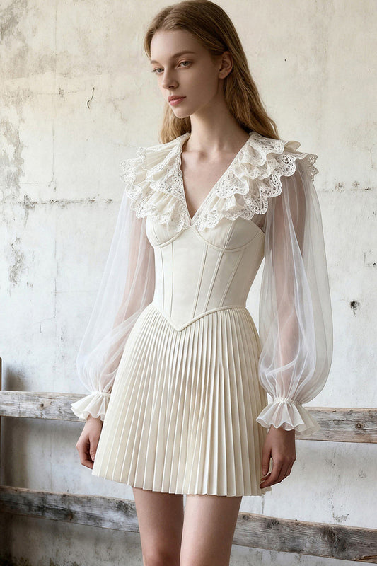 V-Neck Fishbone Pleated Dress