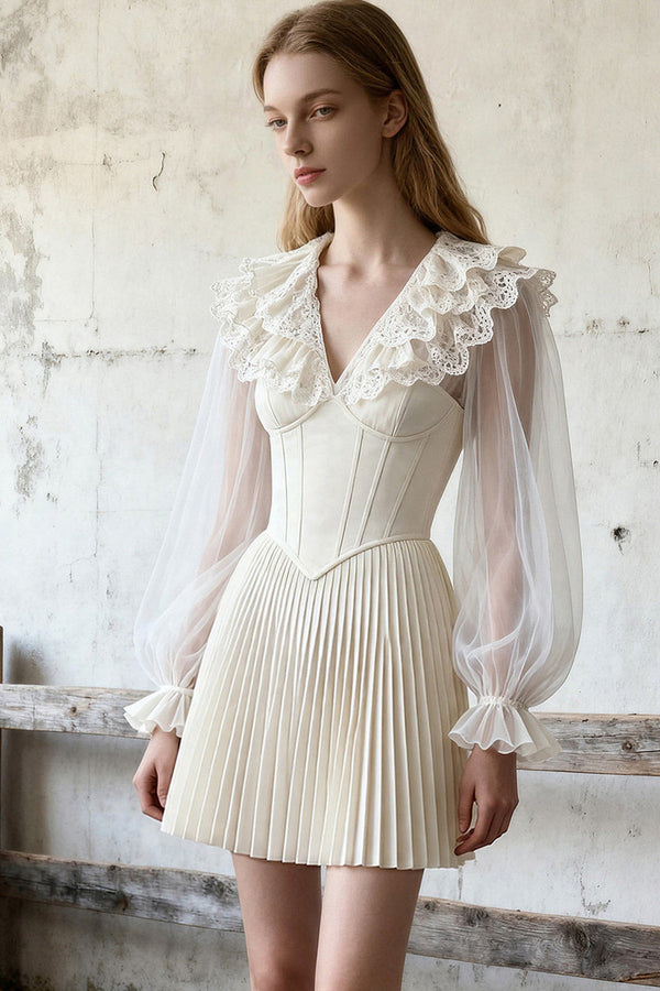V-Neck Fishbone Pleated Dress