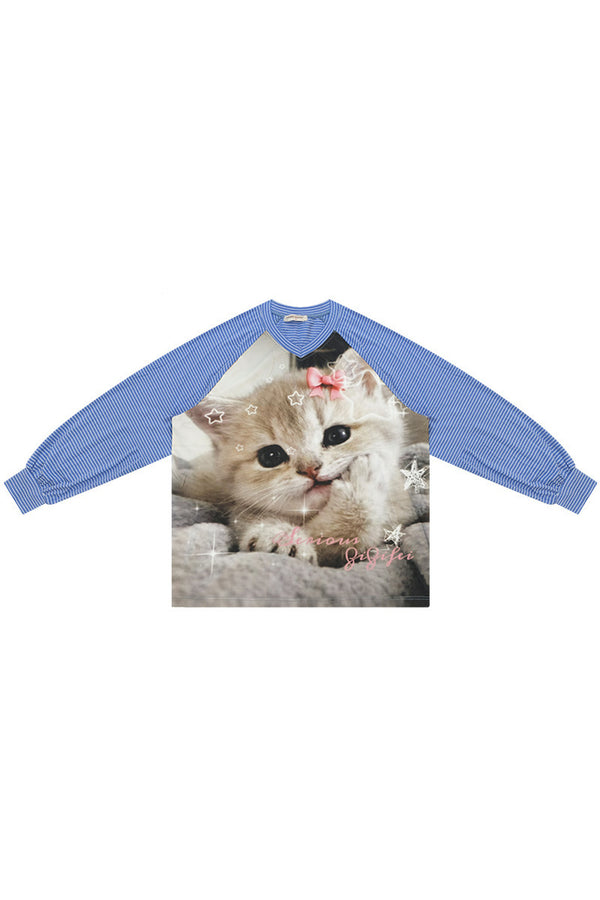 Cat Print V-Neck Long Sleeve Blouse