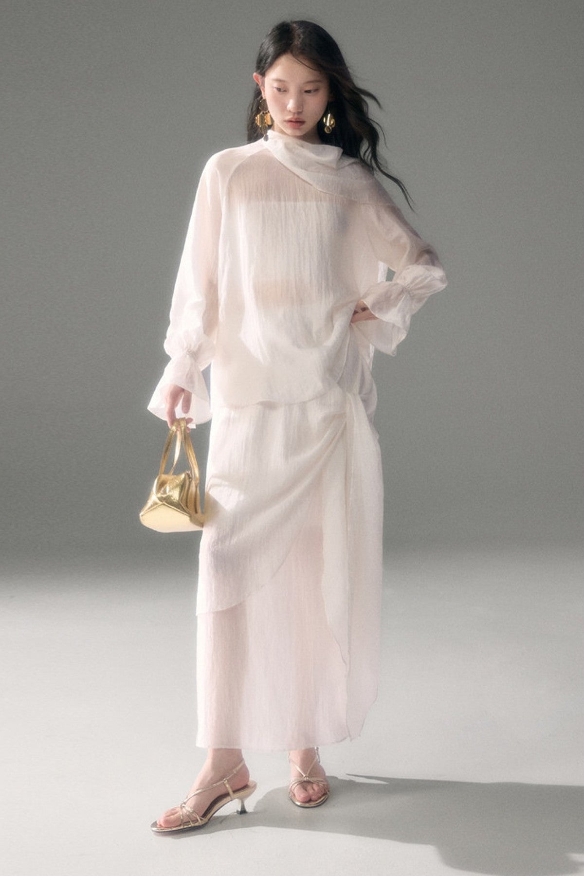 Moonlight Shawl Collar Bell Sleeve Shirt Tie-Up Skirt Set-Up