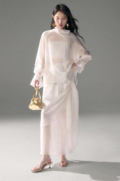 Moonlight Shawl Collar Bell Sleeve Shirt Tie-Up Skirt Set-Up