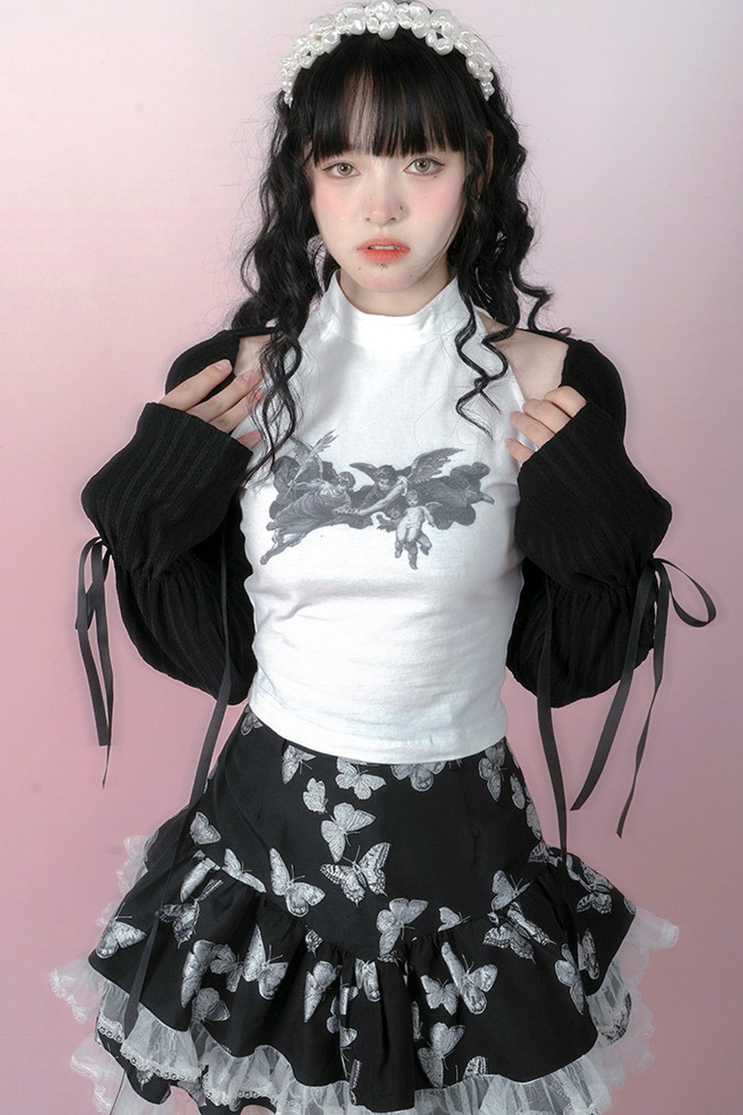 Puffiger Rock mit Schmetterlings-Jacquard und Spitzenbesatz