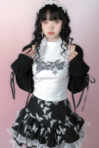 Puffiger Rock mit Schmetterlings-Jacquard und Spitzenbesatz