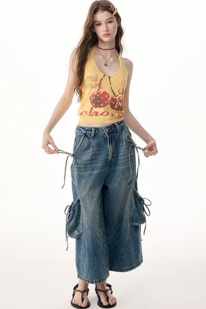 Yellow Cherry Print Knit Halter Top