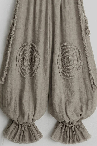 나선 자수 끈 조절 밴딩 와이드 레그 벌룬 팬츠