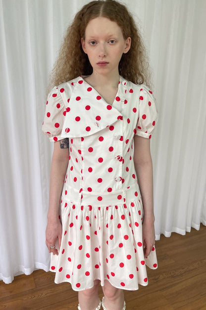 Red Retro Polka Dot Bubble Sleeve Dress