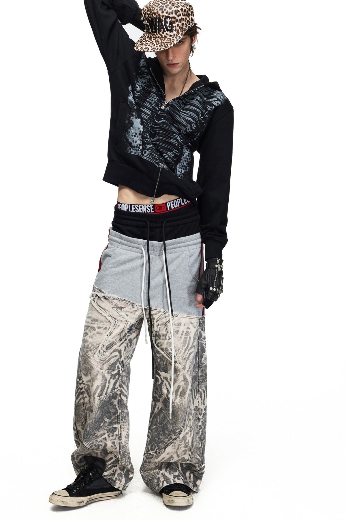 Black White Color-Block Curved Hem Pants