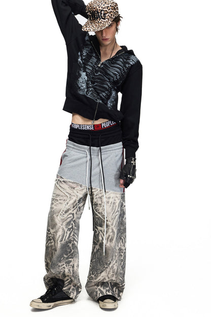 Black White Color-Block Curved Hem Pants