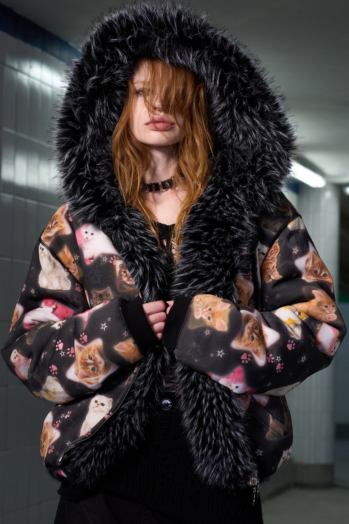 Cat Print Reversible Fur Coat