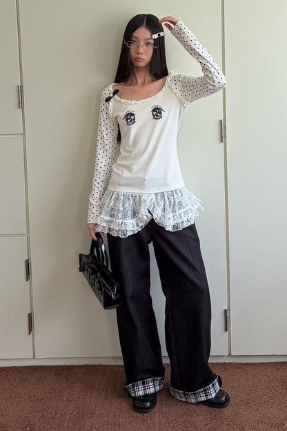 Polka Dot Eye Print Long Sleeve Top