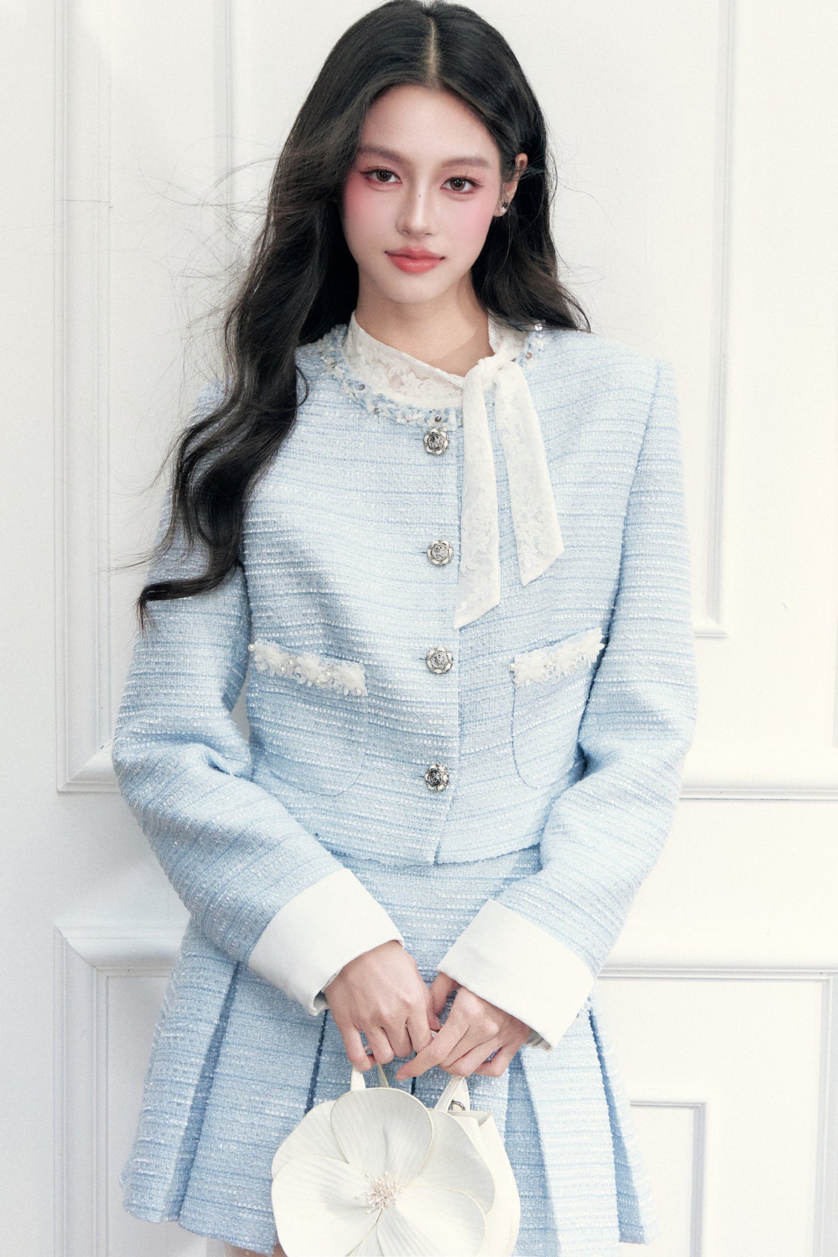 Beaded Tweed Jacket and Pleated Skirt Set