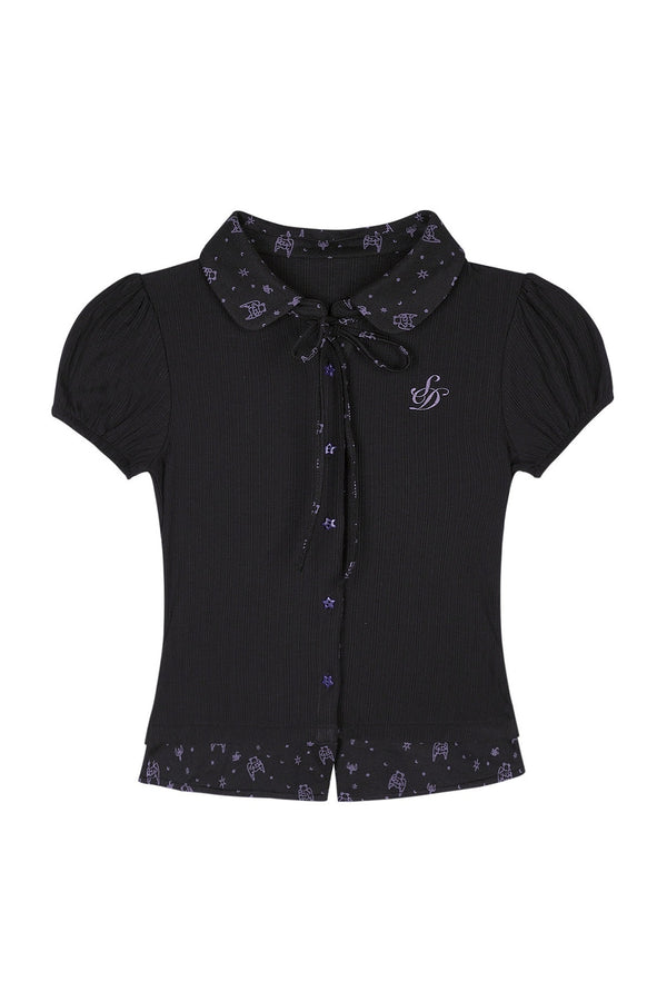 Dark Angel Bear Print Lapel Puff Sleeve Top