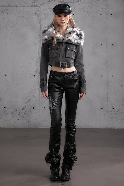 Punk Rock Embroidered Waxed Leather Pants